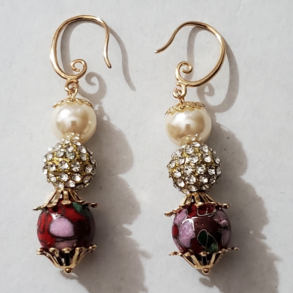 Antique Miriam Haskell Frank Hess cloisonne pave disco ball pearl earrings vtg - Picture 2 of 16